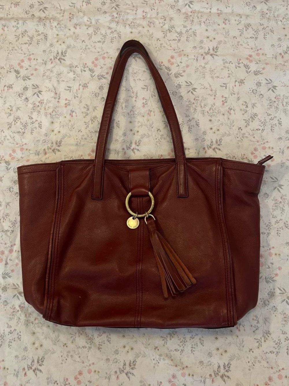 Cole Haan Leather Tote Bag Large Oxblood Pebbled Tassel Minimalist